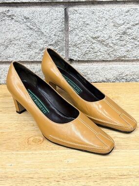 Women's Tan Leather Mid Heel Pumps